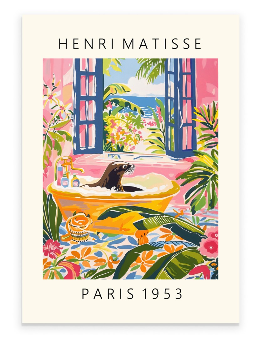 Sea lion enjoying a bubbly bath with open windows to the sea painted in Henri Matisse inspired style - vibrant bathroom print for wall decor