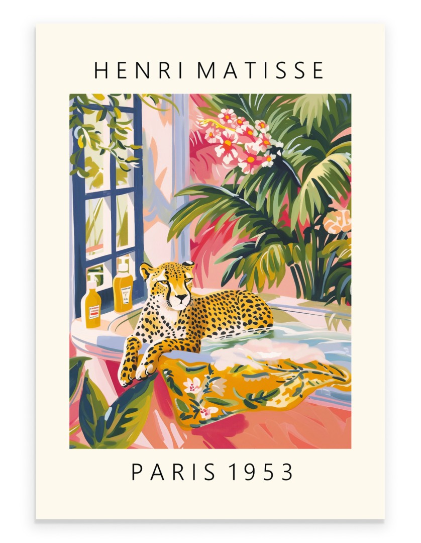 Cheetah soaking in a foamy tub surrounded by colorful plants and flowers painted in Henri Matisse inspired style - vibrant bathroom print for wall decor