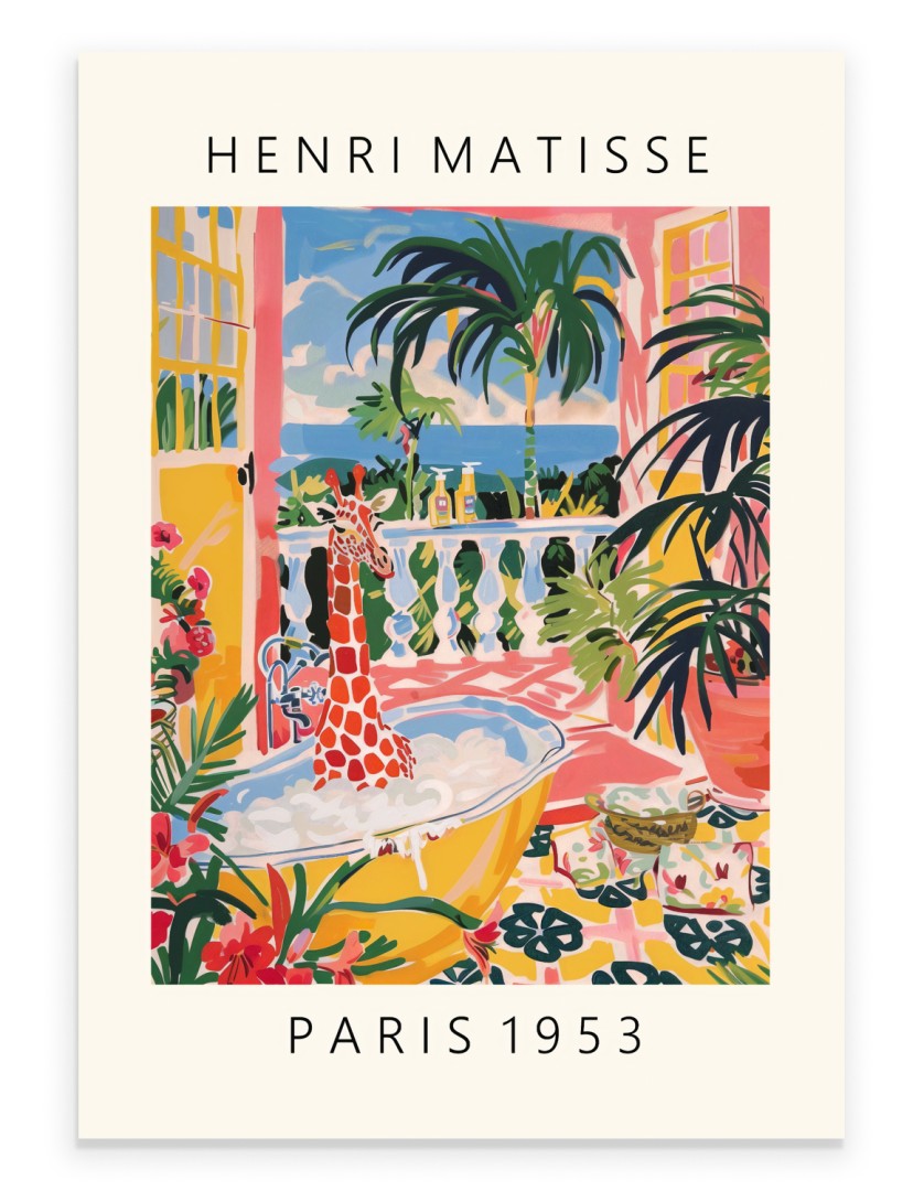 Giraffe soaking in a bubble bath with sea breeze and greenery painted in Henri Matisse inspired style - vibrant bathroom print for wall decor