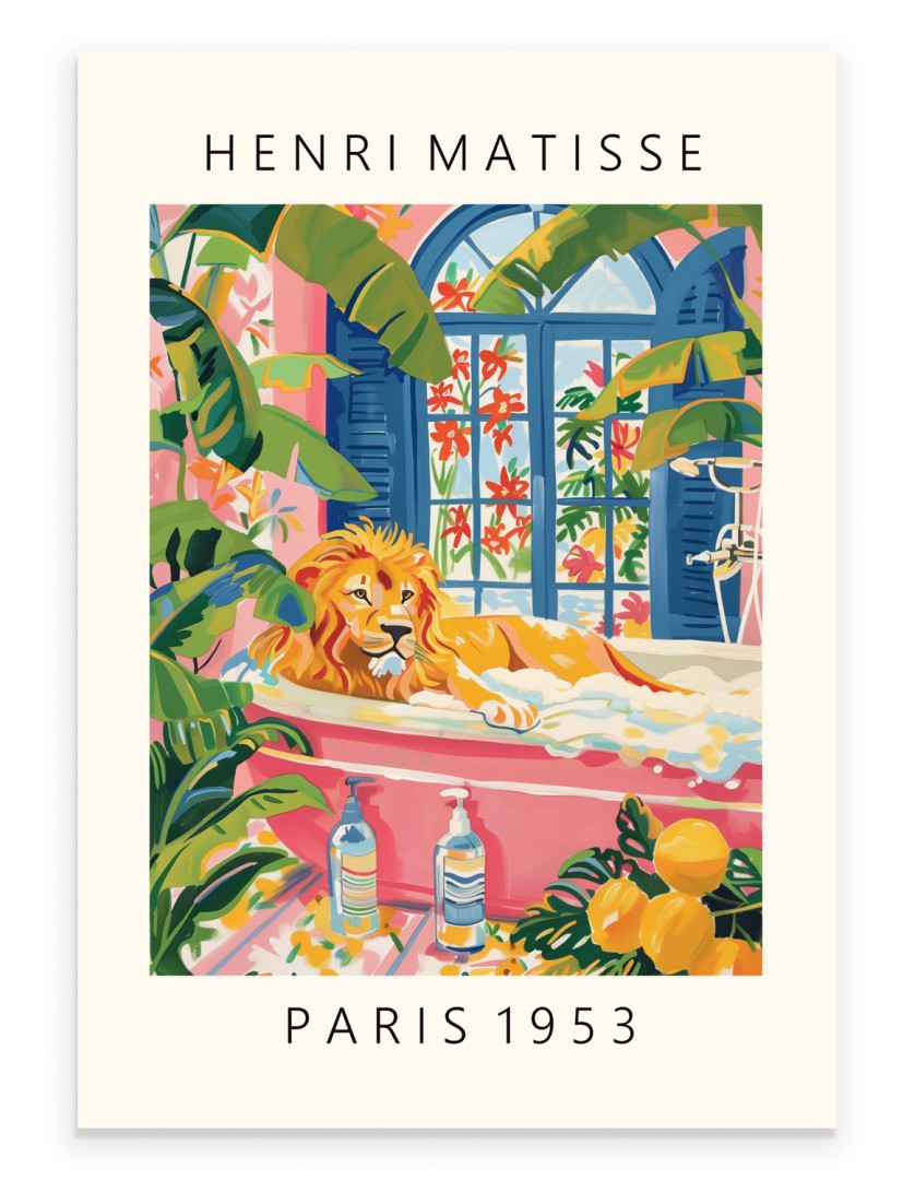 Lion lounging in a bathtub surrounded by tropical plants - Henri Matisse artwork