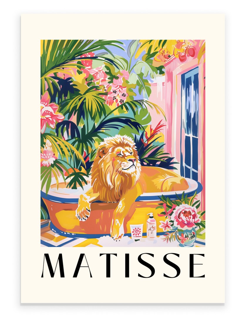 Matisse inspired lion soaking in bathtub among tropical leaves