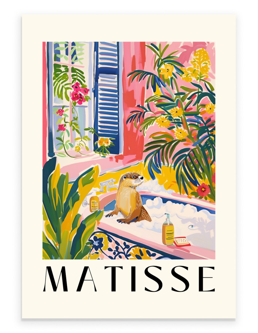 Matisse inspired otter in bathtub with tropical plants and bright colors