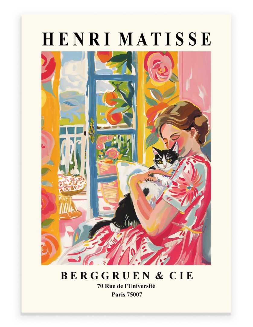 Matisse-inspired art print of a woman holding a cat by a bright window.