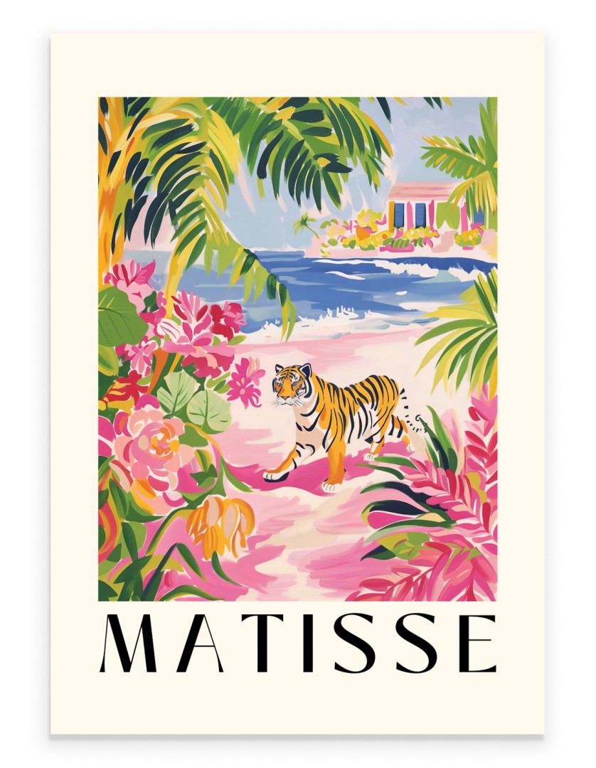 Matisse inspired tiger walking on tropical beach colorful art print