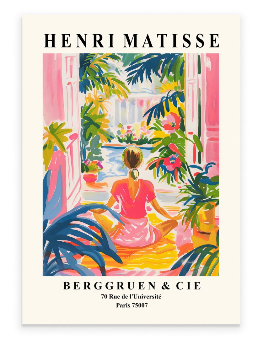 Henri Matisse inspired yoga art print with woman surrounded by tropical plants