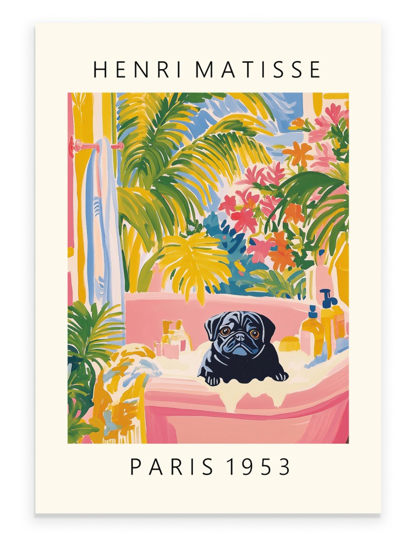 Matisse style black pug in a pink bathtub with tropical plants.