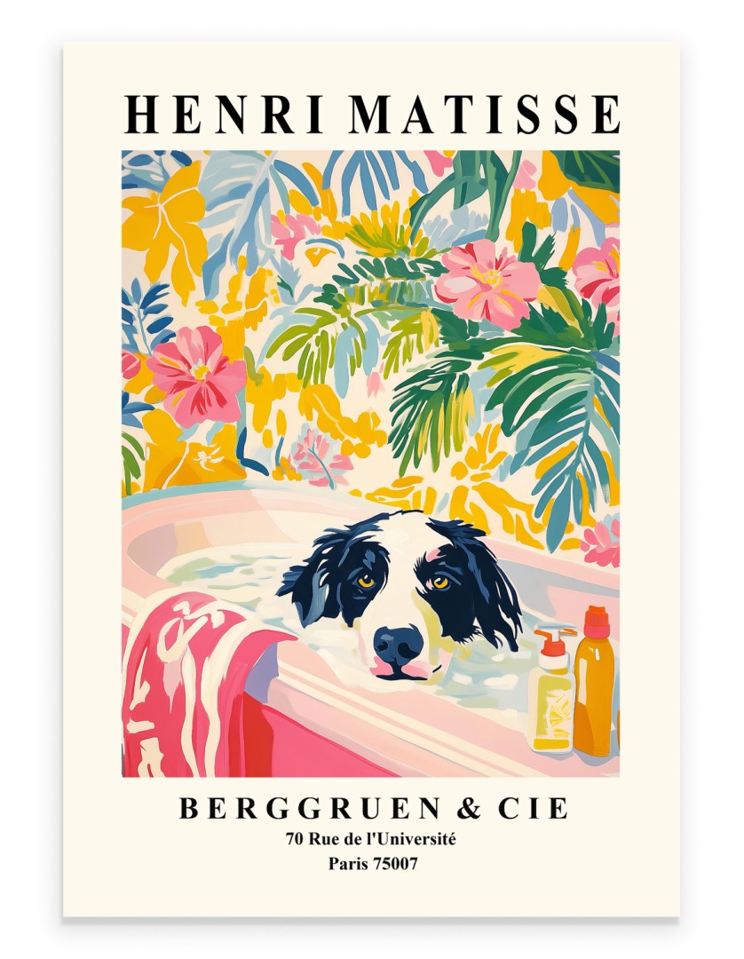 Matisse style border collie in pastel pink bathtub with tropical background.