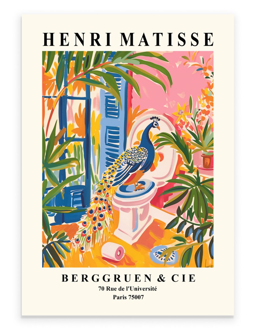 Peacock perched on toilet in colorful Matisse-style tropical bathroom art.