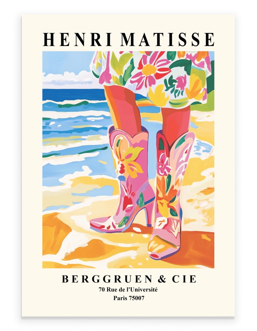 Matisse inspired coastal cowgirl art print with floral boots on beach