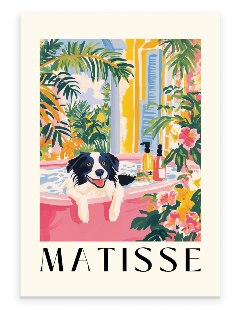 Border Collie in a pink bathtub surrounded by tropical plants and flowers.