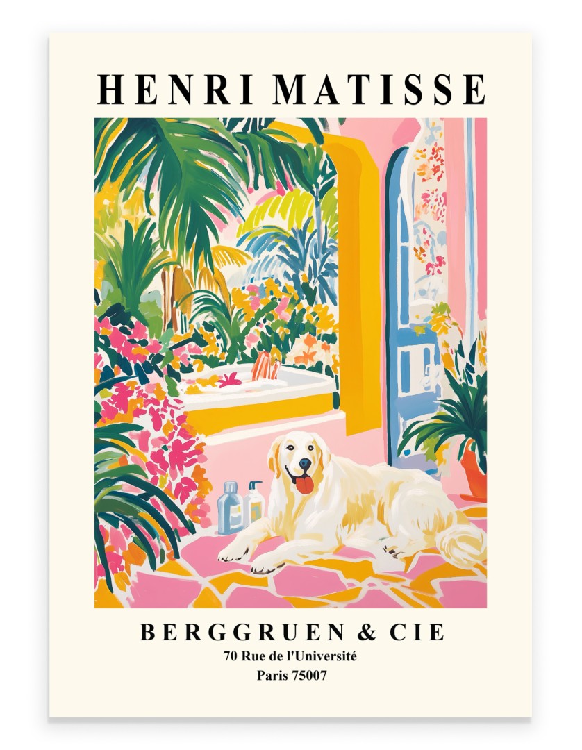 Great Pyrenees lying on vibrant tiles with tropical plants in the background.