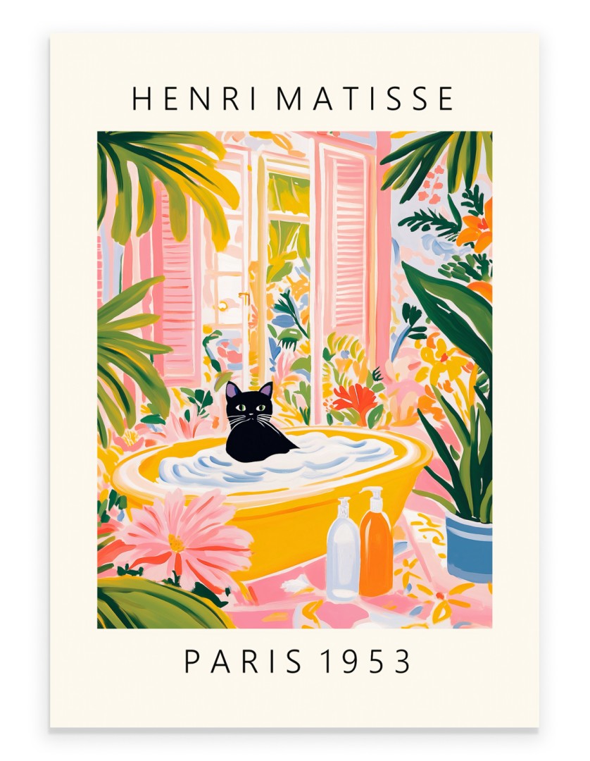 Black cat sitting in a yellow bathtub with bubbles, surrounded by tropical plants.