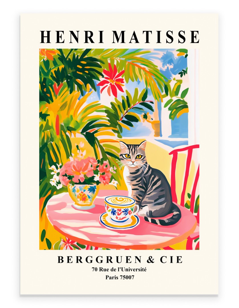 Henri Matisse inspired tabby cat art print in colorful café setting