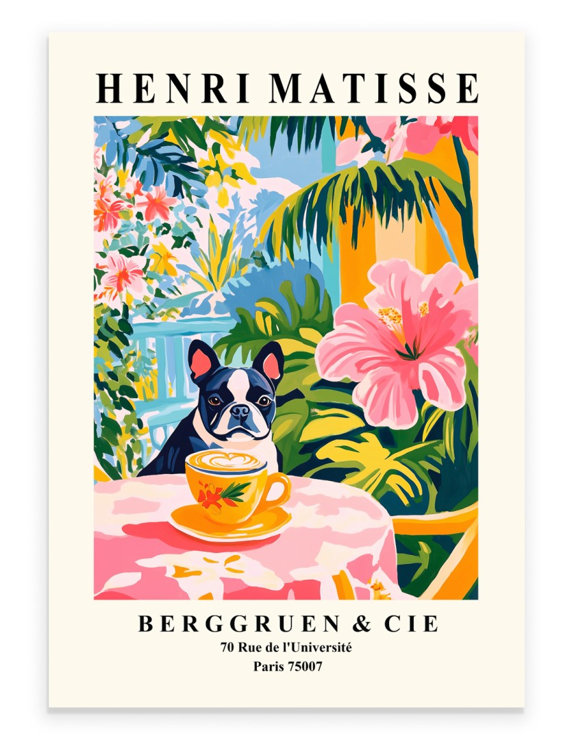 Henri Matisse inspired Boston Terrier art print in tropical café setting
