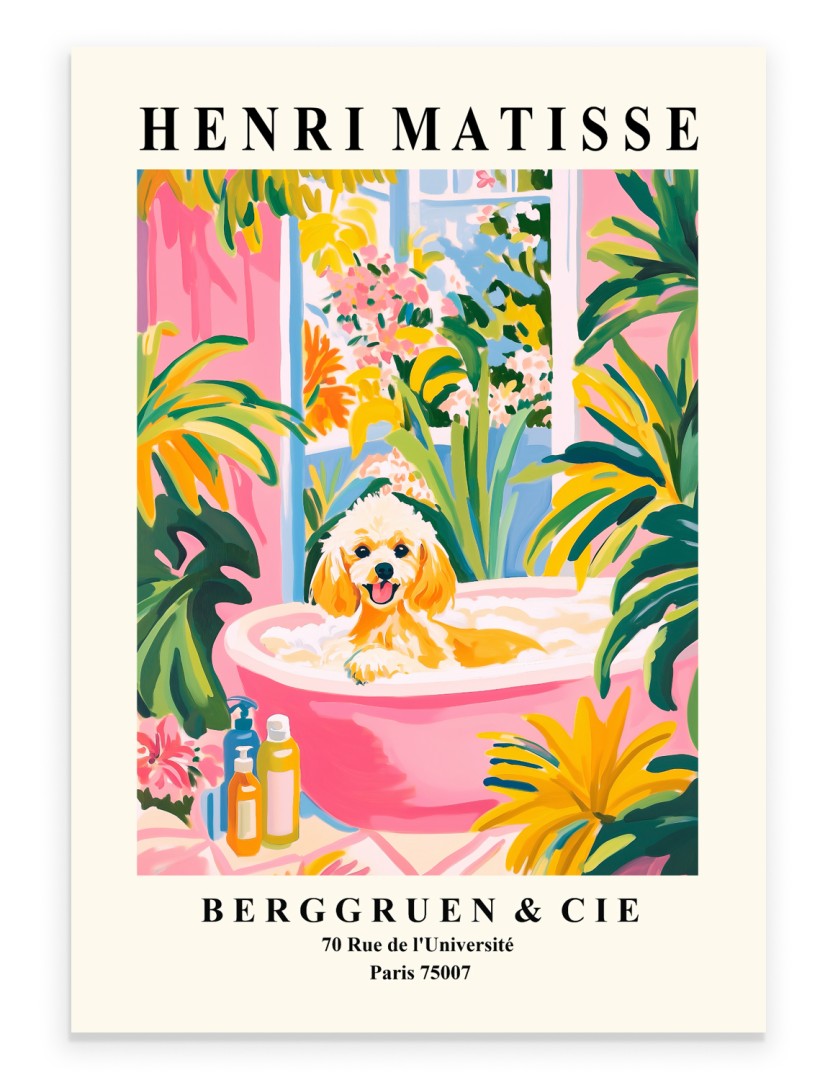 Poodle soaking in a pink bathtub with plants - art print.
