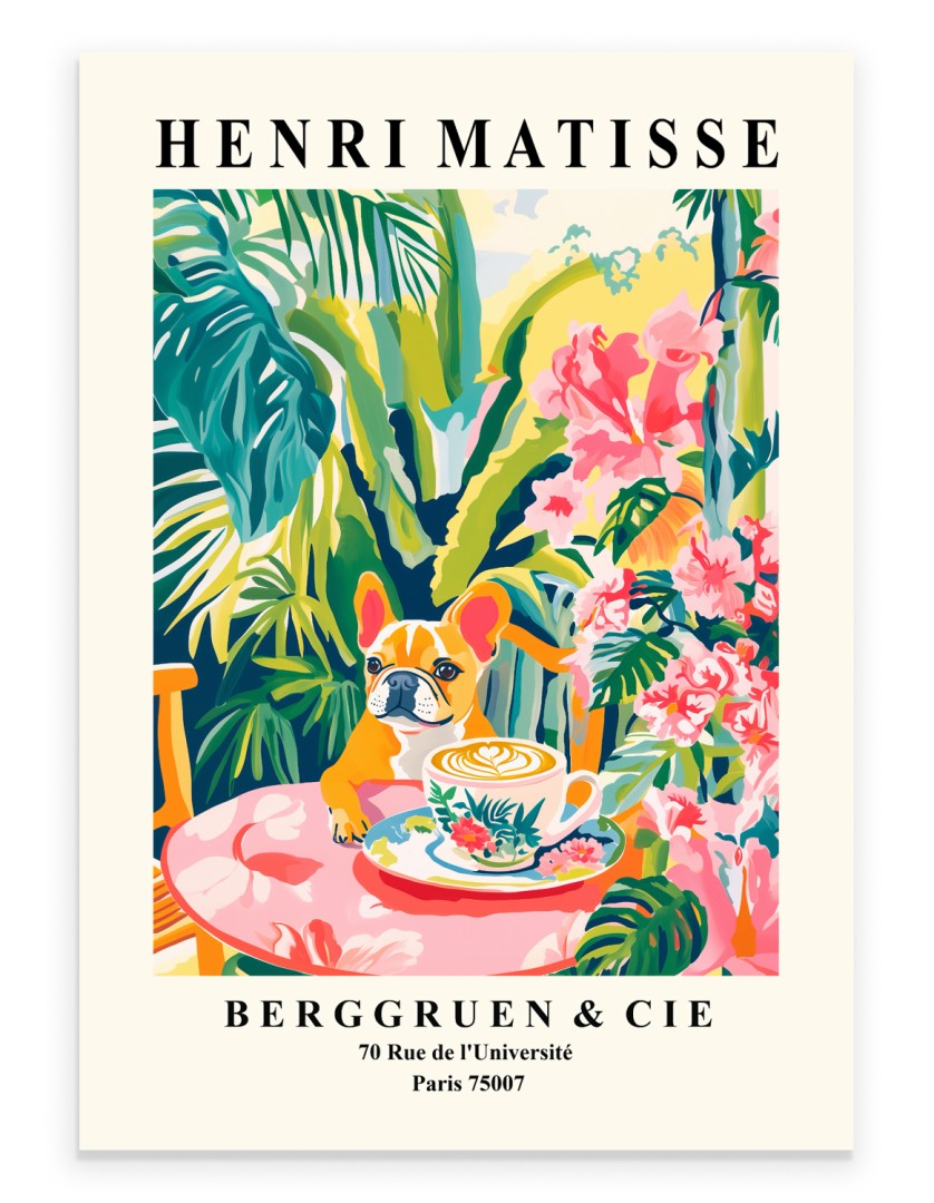 Matisse inspired French Bulldog drinking coffee tropical colorful art print