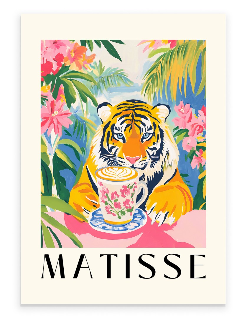 Matisse inspired tiger drinking coffee tropical colorful art print