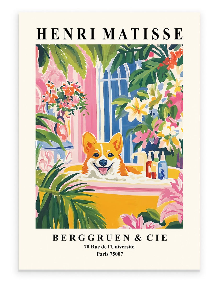 Corgi in a yellow bathtub surrounded by tropical leaves - art print.
