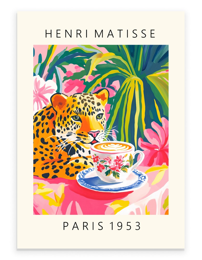 Matisse inspired leopard drinking coffee tropical colorful art print