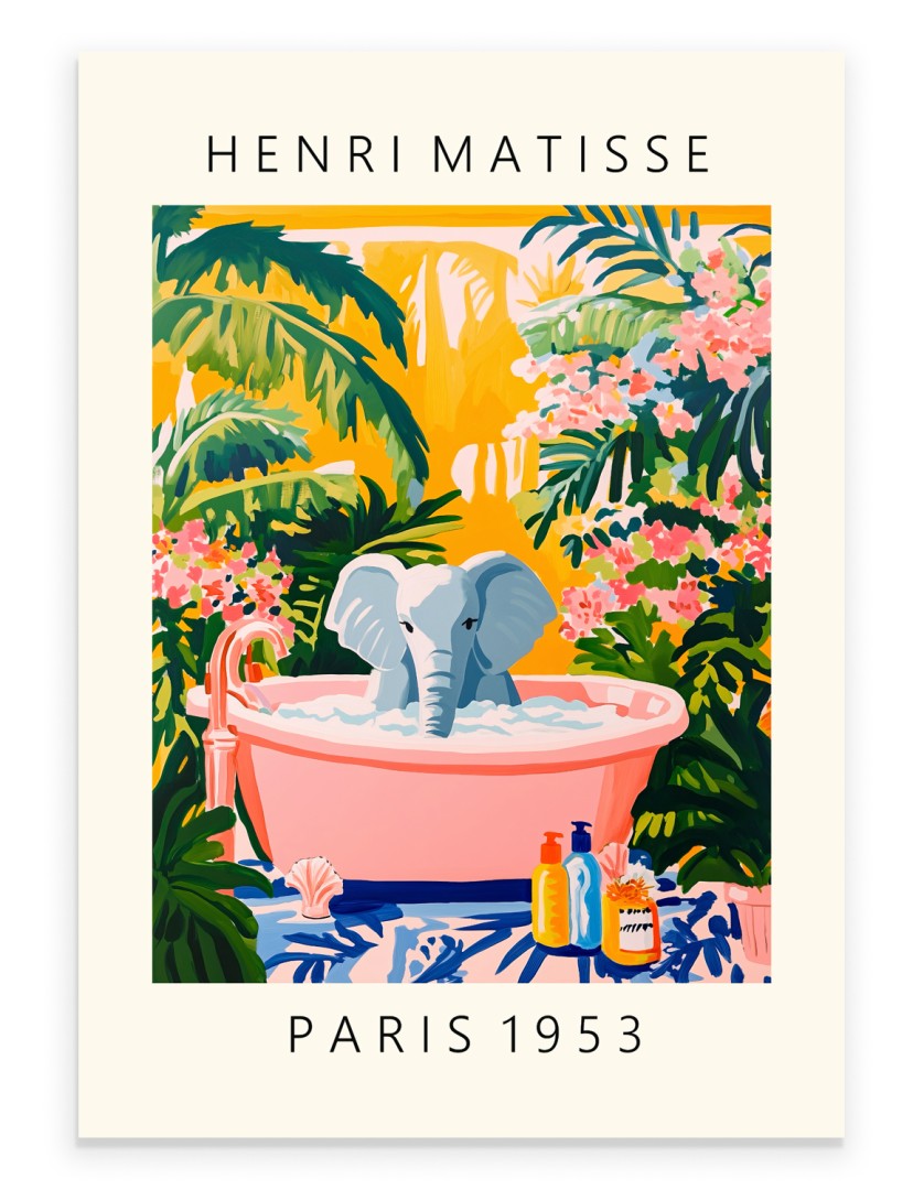 Elephant in a pink tub with bubbles and tropical plants, Matisse-style art print.