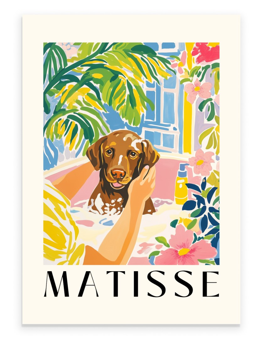 Chocolate Labrador in a bubble bath, Matisse inspired art print