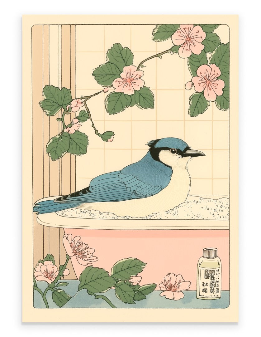 Peaceful blue jay soaking in a Japanese-style floral bath with soft steam