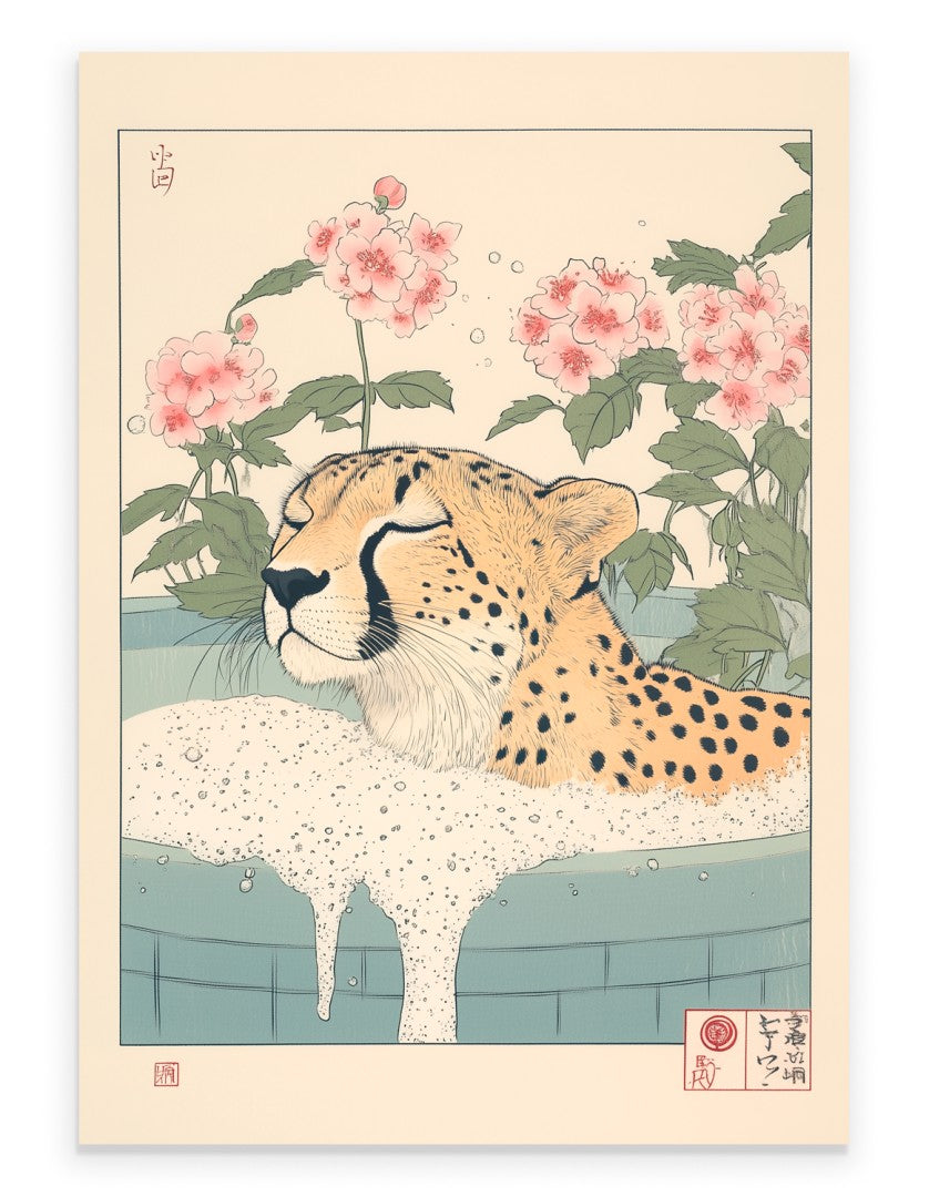 Cheetah soaking in a Japanese floral bath with delicate petals and soft tones
