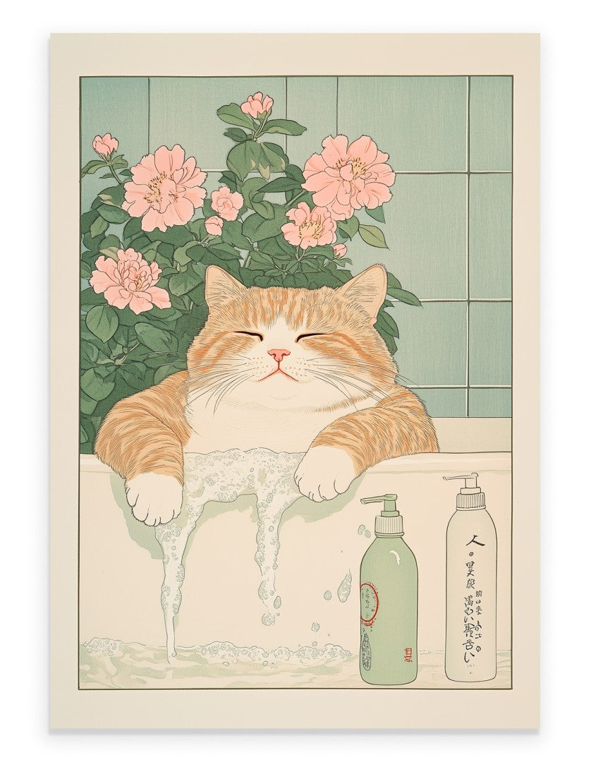 Minimalist bathroom wall art of a tabby cat in a Japanese flower bath
