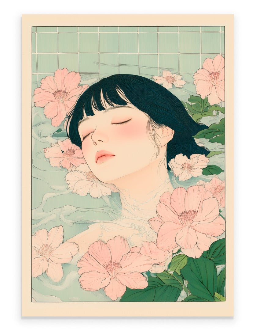 Art print of a woman floating in floral water surrounded by soft pink flowers