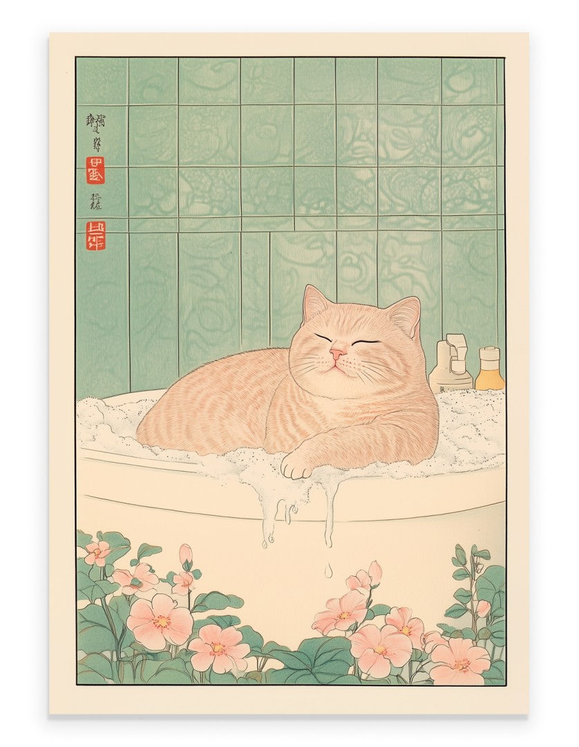 Tabby cat relaxing in a floral Japanese bath with greenery and soft pastel tones