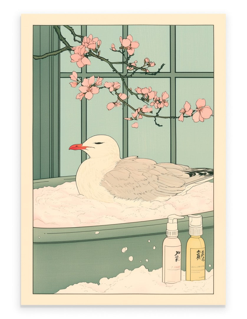 Seagull resting in a floral Japanese bath with steam and coastal foliage
