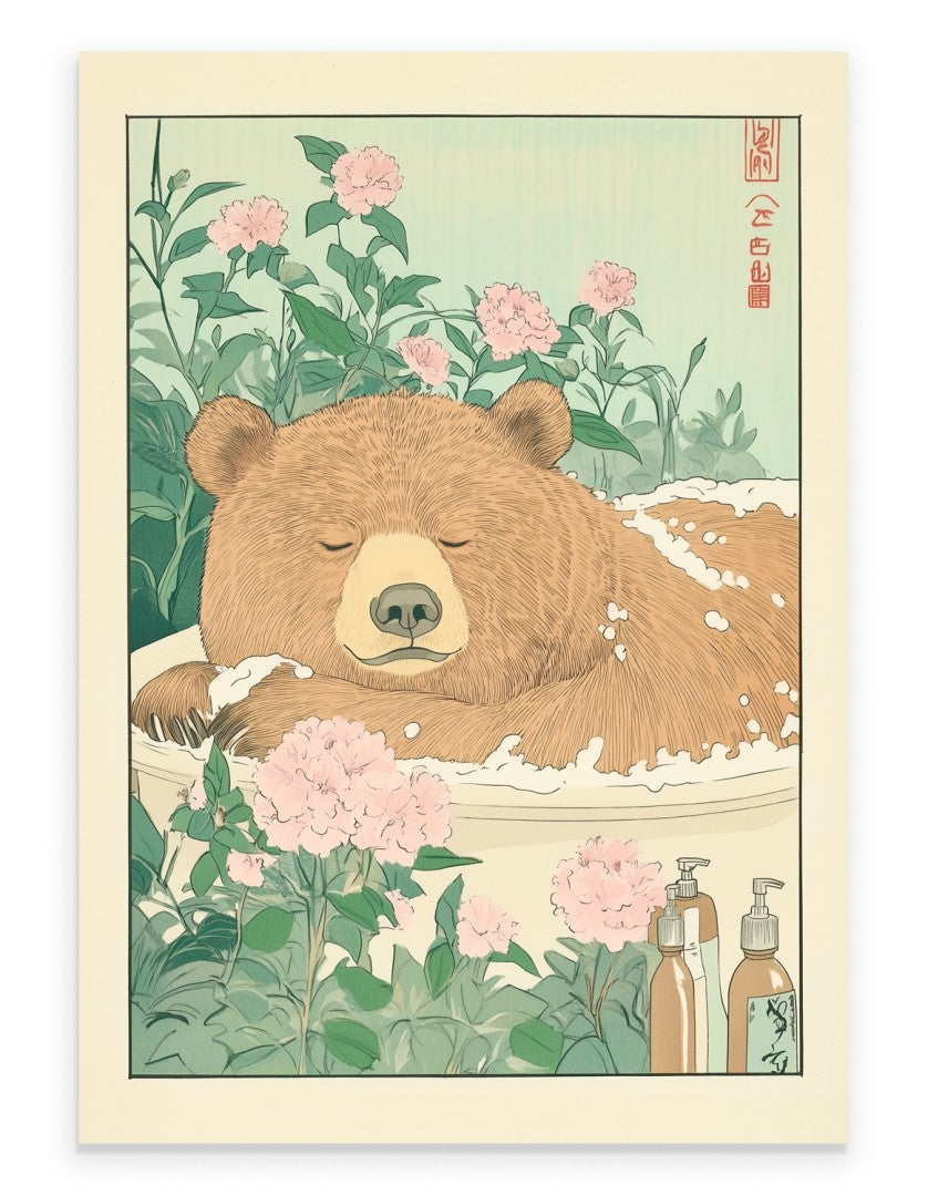 Japanese-style art print of a calm bear resting in a flower-filled bath