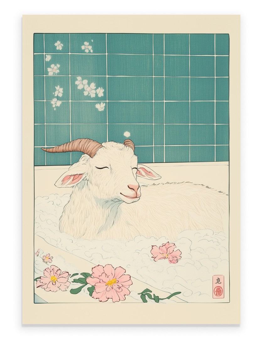Art print of a white goat peacefully bathing in foam with flowers