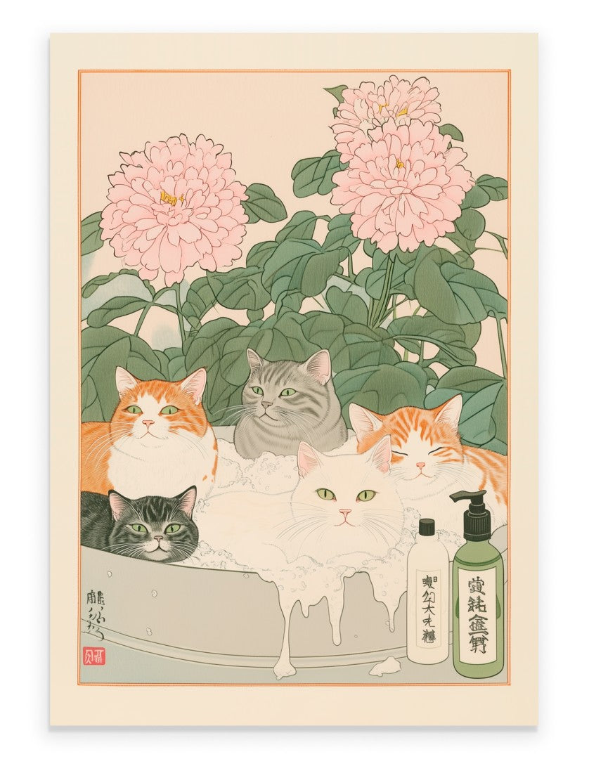 Art print of five cats soaking in a round bath with pink flowers in the background