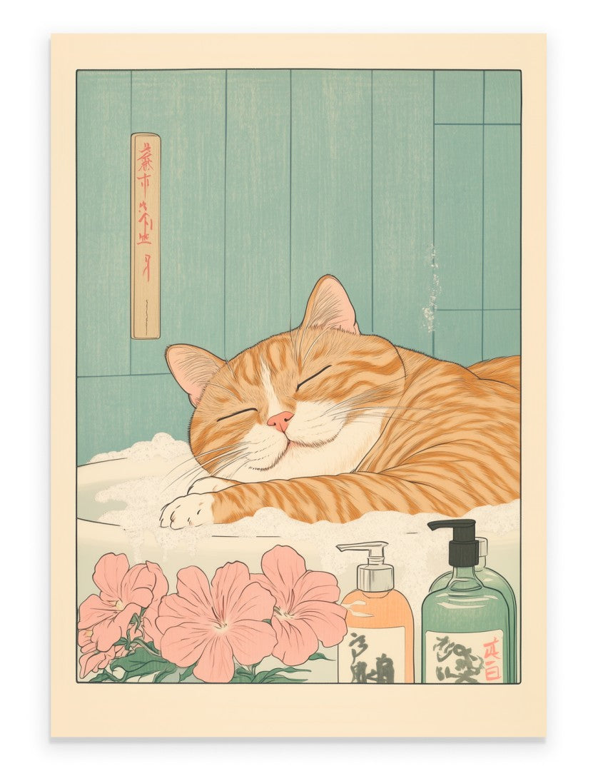 Art print of an orange tabby cat relaxing in a bath with pink flowers and soap bottles