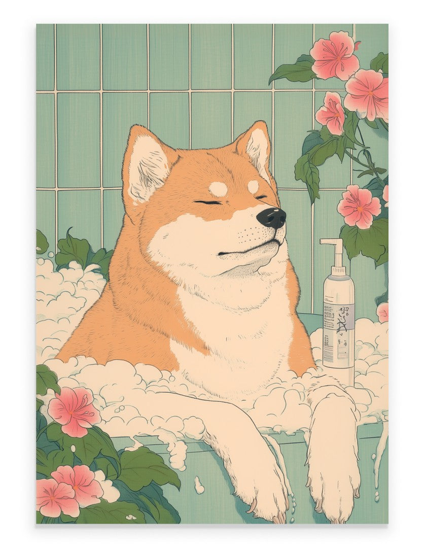 Art print of an Akita Inu relaxing in a foamy bath with hibiscus flowers