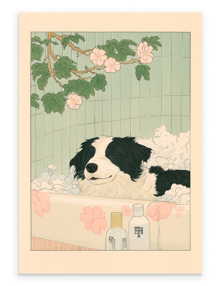 Art print of a Border Collie resting in a bubble bath with floral accents