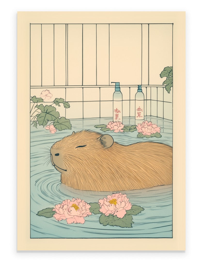 Japanese-style art print of a capybara peacefully floating in a bath with peonies and water ripples