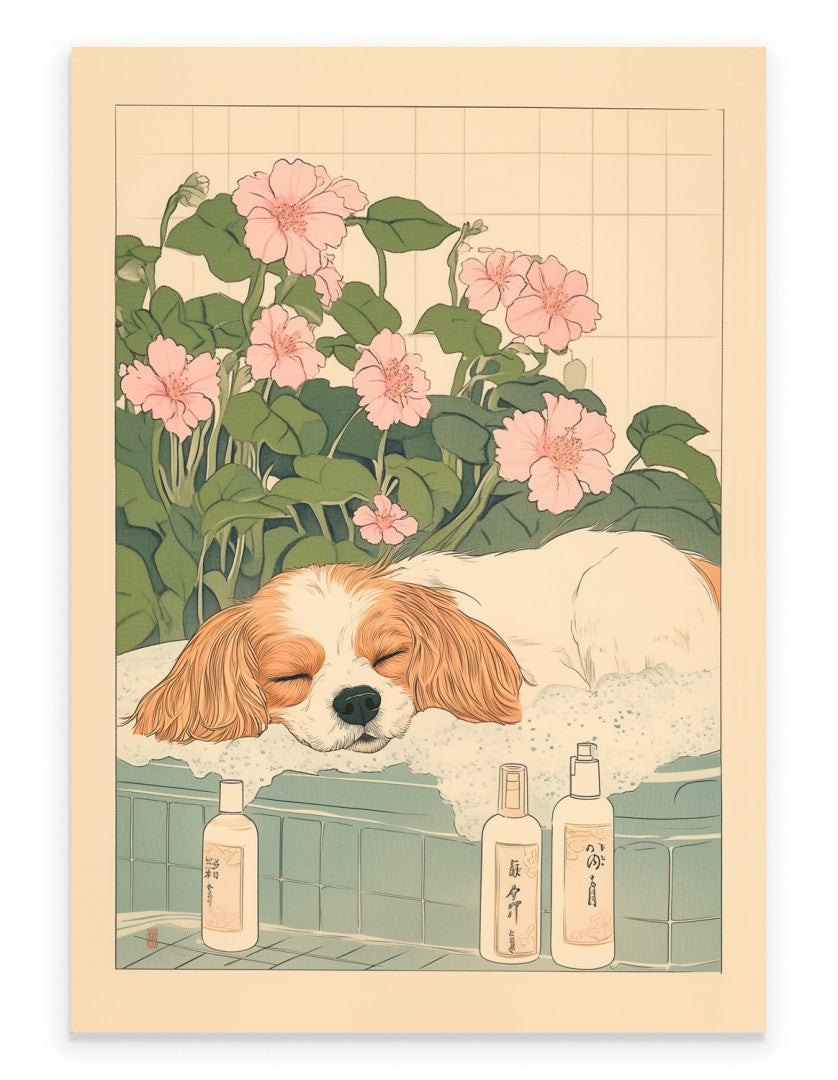 Art print of a Cavalier King Charles Spaniel sleeping in a bath with pink flowers