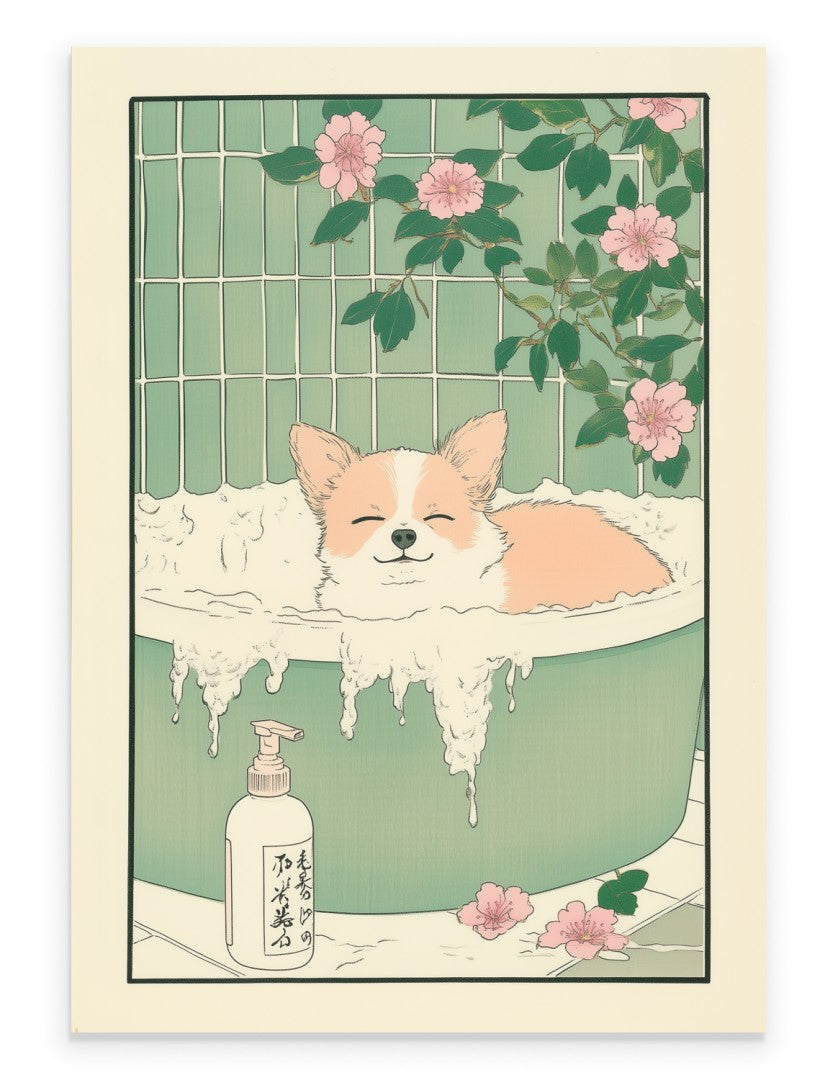 Art print of a Chihuahua resting in a foamy bath with flowers and tiled background