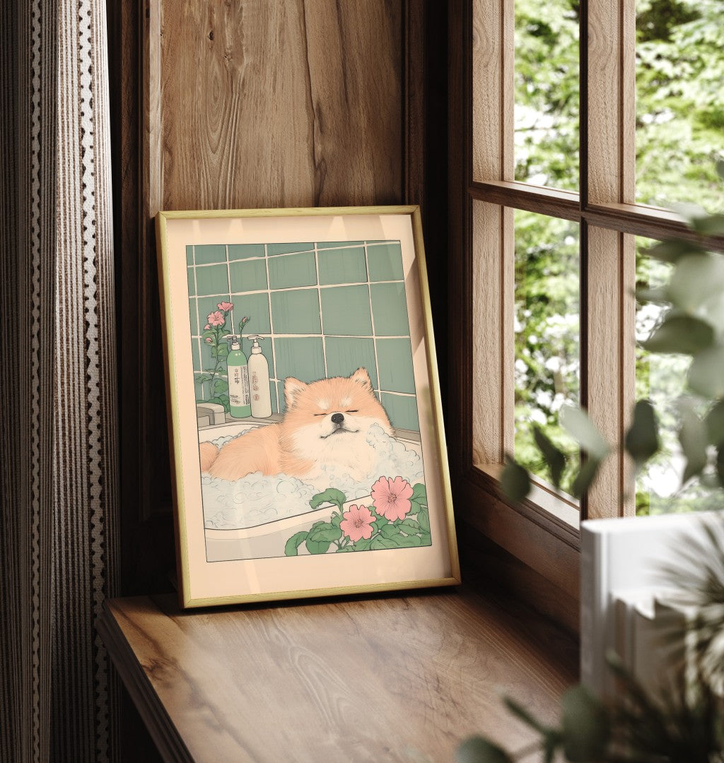 Framed art print of a fluffy Pomeranian lounging in a bubbly Japanese bath