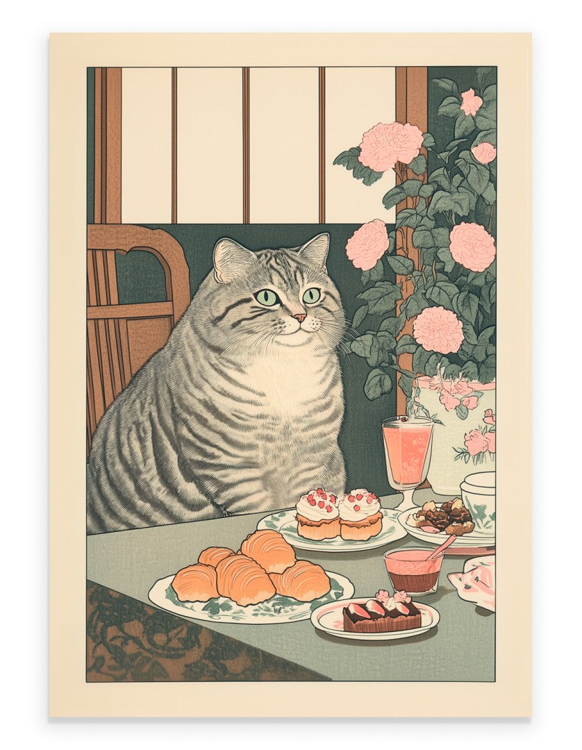 Framed art print of tabby cat with tea and desserts on a table