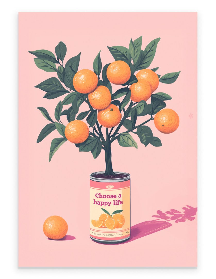 Orange tree art print in can with pink background pop art style