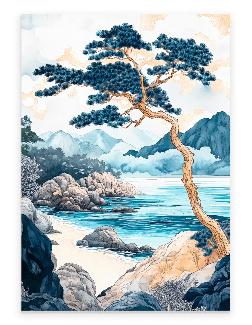 Coastal pine tree art print with rocky shore and calm sea in modern style