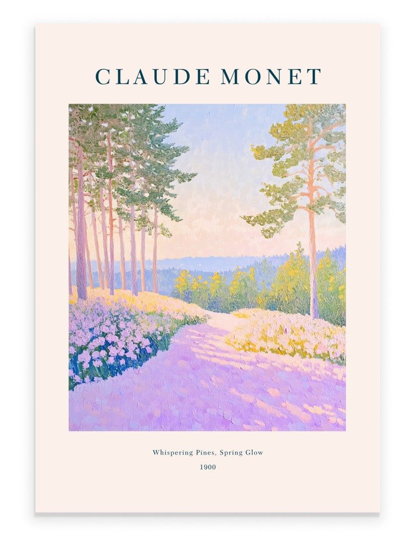 Monet inspired pine forest art print with spring path in impressionist style