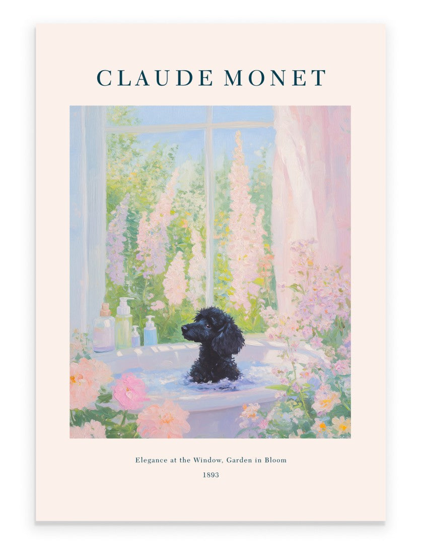 Claude Monet inspired Poodle bathroom art print with pastel blossoms