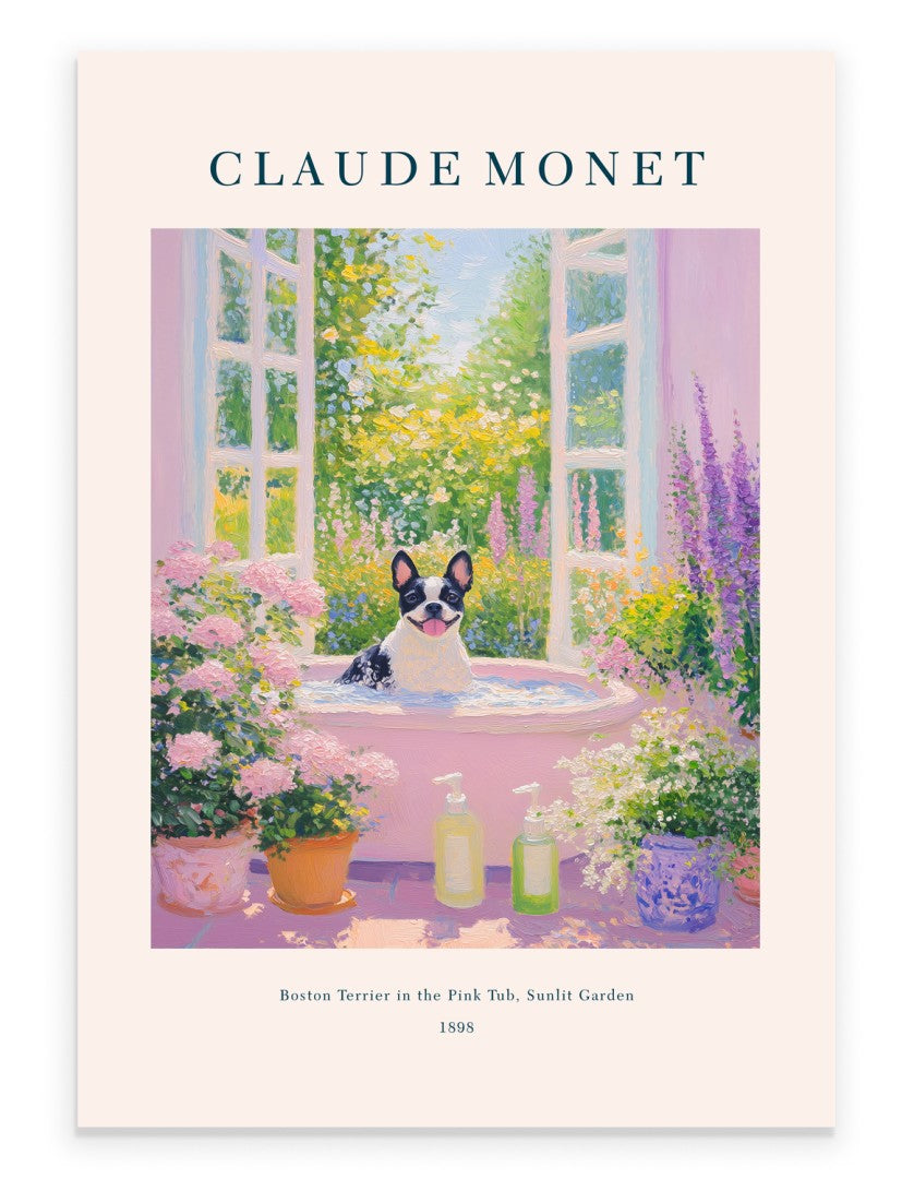 Claude Monet inspired Boston Terrier bathroom art print pink tub
