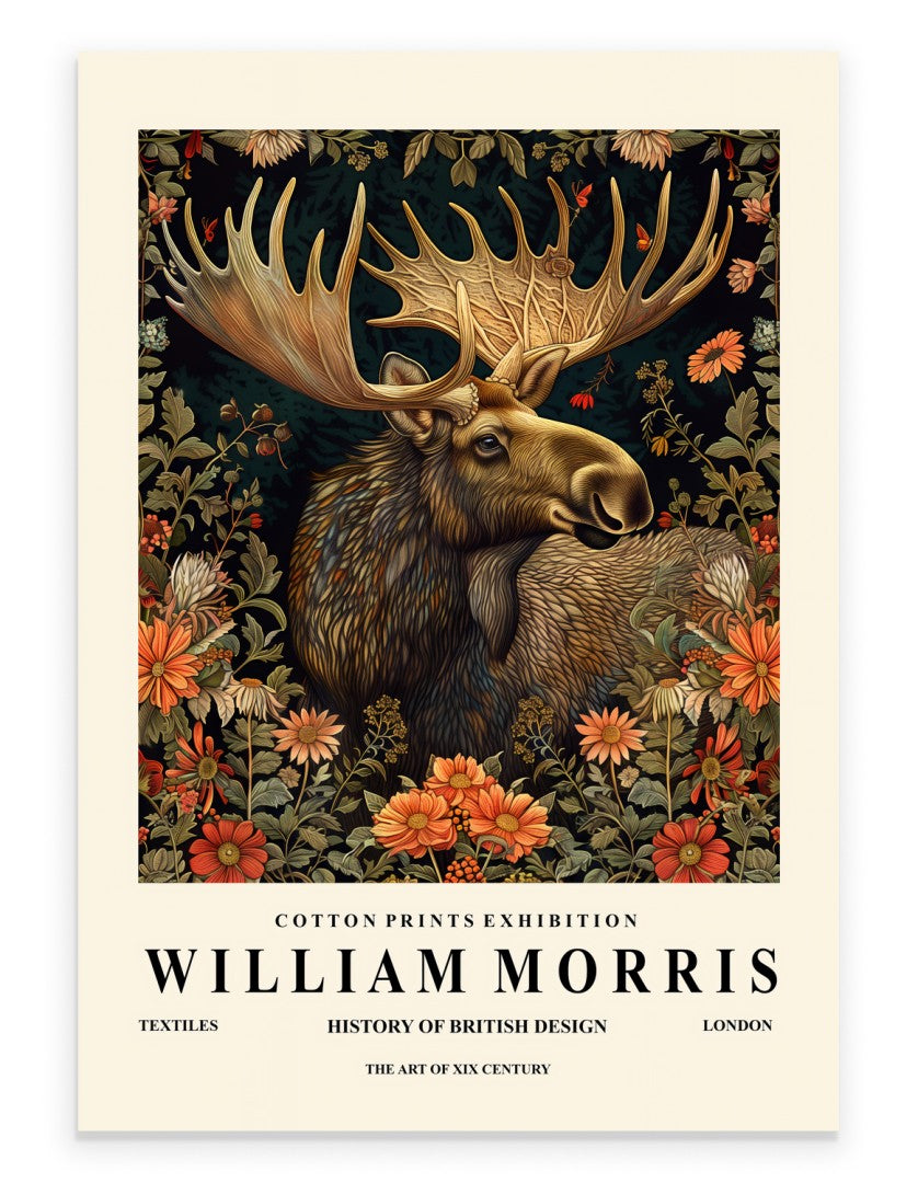 Moose and floral art print inspired by William Morris style