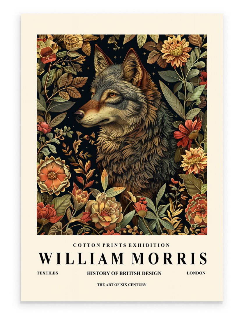 Wolf art print with botanical background in William Morris inspired style