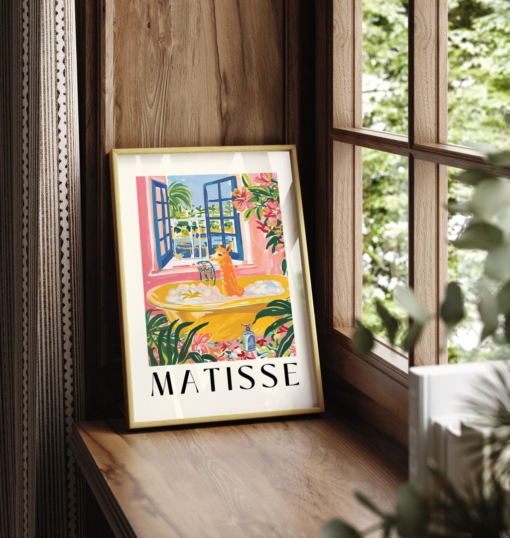Framed illustration of a whimsical llama in a yellow bathtub with colorful floral accents, inspired by Henri Matisse.